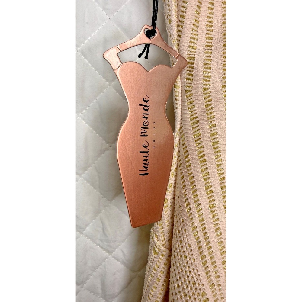 NWT Haute Monde Geometric Nude Gold Metallic Bodycon Dress Size L Art Deco Style